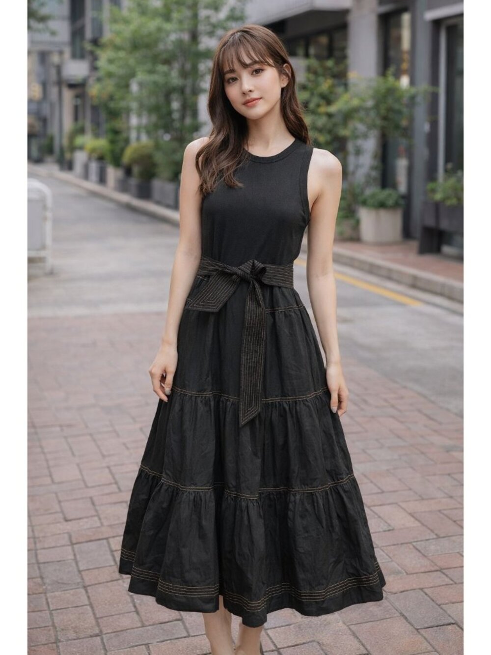 Veronica Beard Austyn Tie Waist Tiered Tank Midi Dress Black Size M NWT